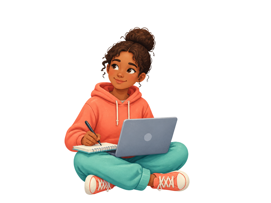 A teenager learning with guided questions, books, and a bright idea