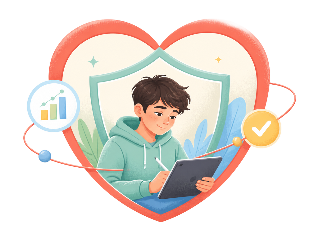 A teenager learning safely inside a protective heart and shield